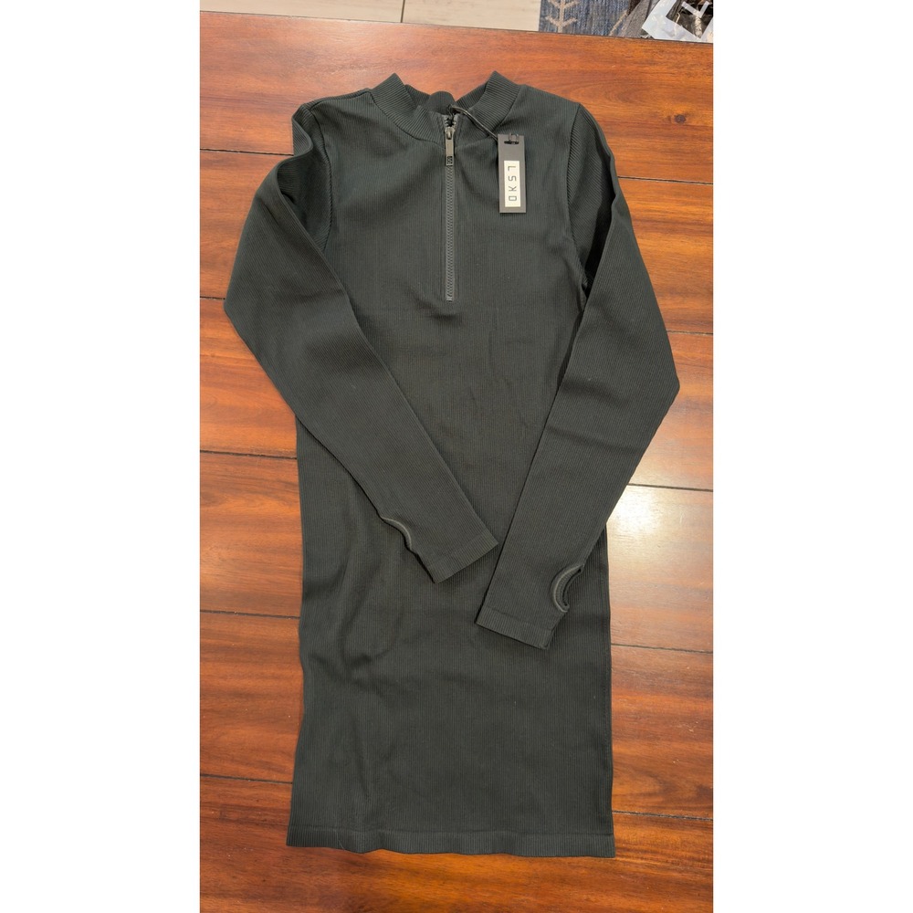 LSKD Minimal‎ Ribbed Seamless Dress Dark Forest Green Quarter Zip Size L NEW NWT - Picture 12 of 14